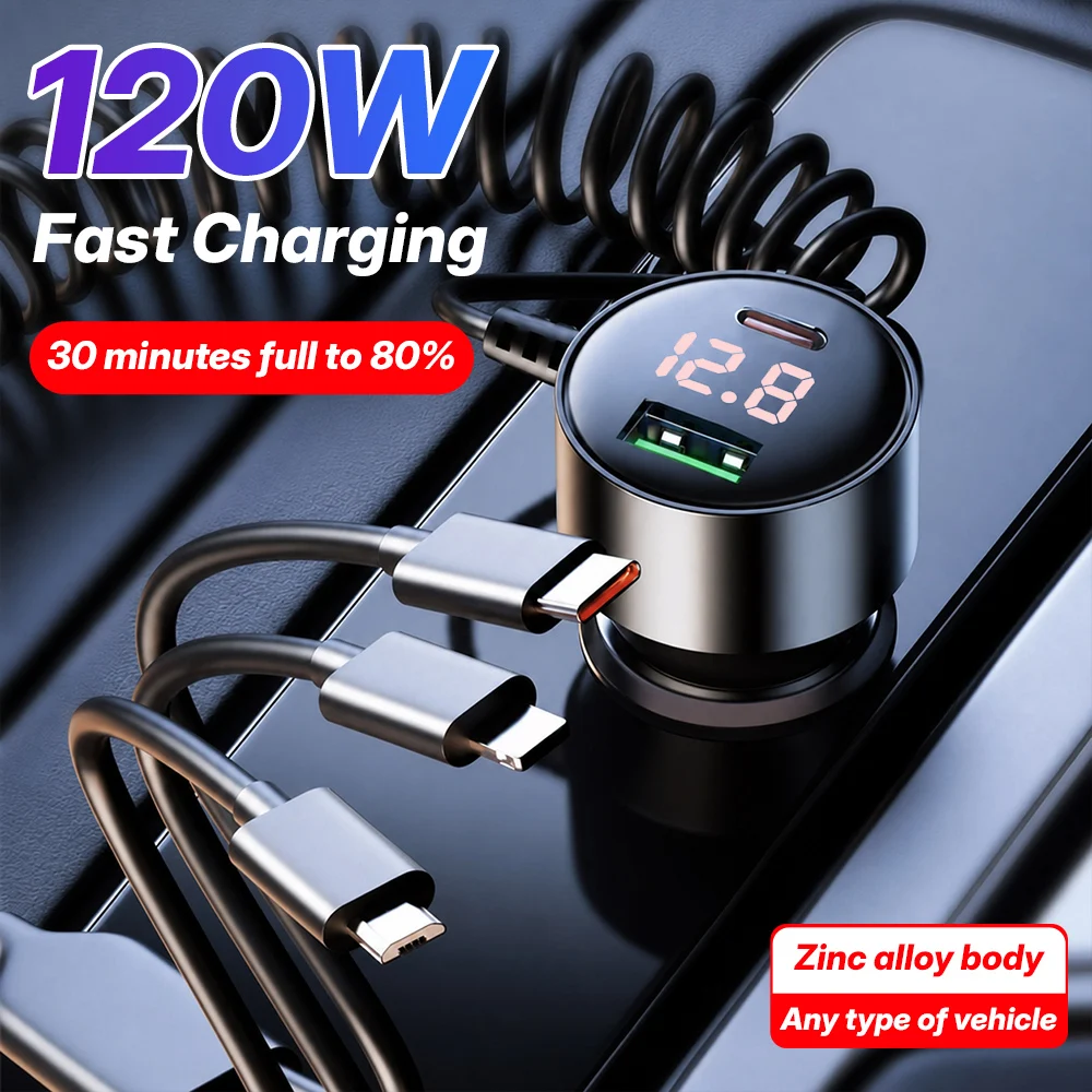 USB Car Phone Charger Adapter with Retractable Cable LED Voltage Monitor 3 in 1 Super Fast Charge for iPhone Samsung Huawei
