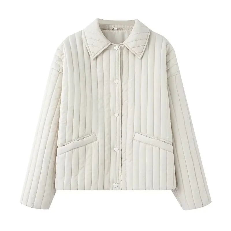 Fashionable Cotton Jacket Women's Street Style Heart Shaped Button Decorated Coat Long Sleeve Zipper Closure  Color