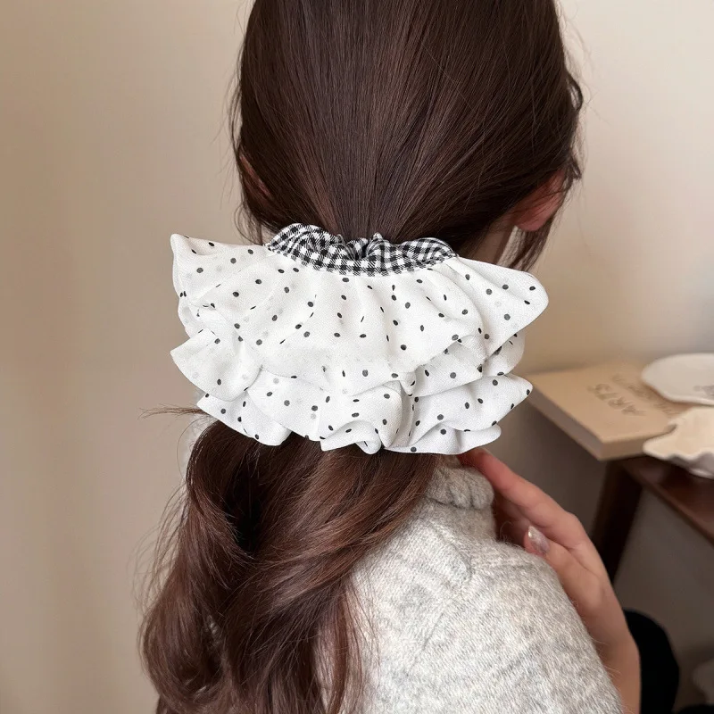 

Корейские милые резинки для волос с узором «гусиная лапка» и в горошек, с кружевом, мягкие, эластичные, для женщин, для низкого хвоста и пучка, на каждый день