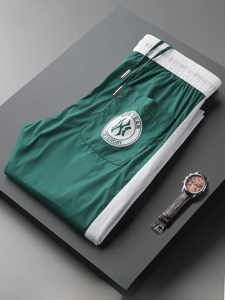 

Летние мужские спортивные брюки из ледяного шелка с быстрым высыханием, облегающие, с гладкой эластичной талией, укороченные (7/8)