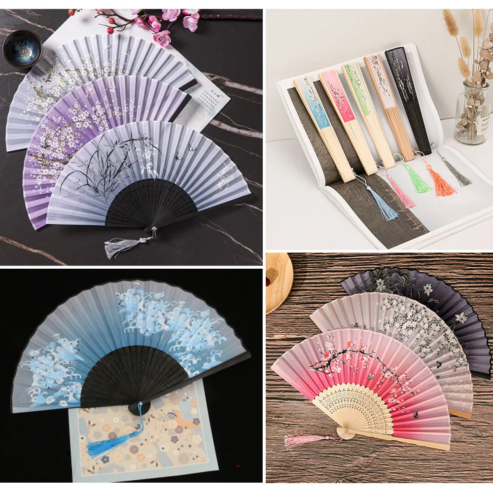 Bamboo Folding Fan silk Chinese Stylefan Hand Held Anitque Art Craft  Japnese Summer Female  Dance Home decoration Party ventila