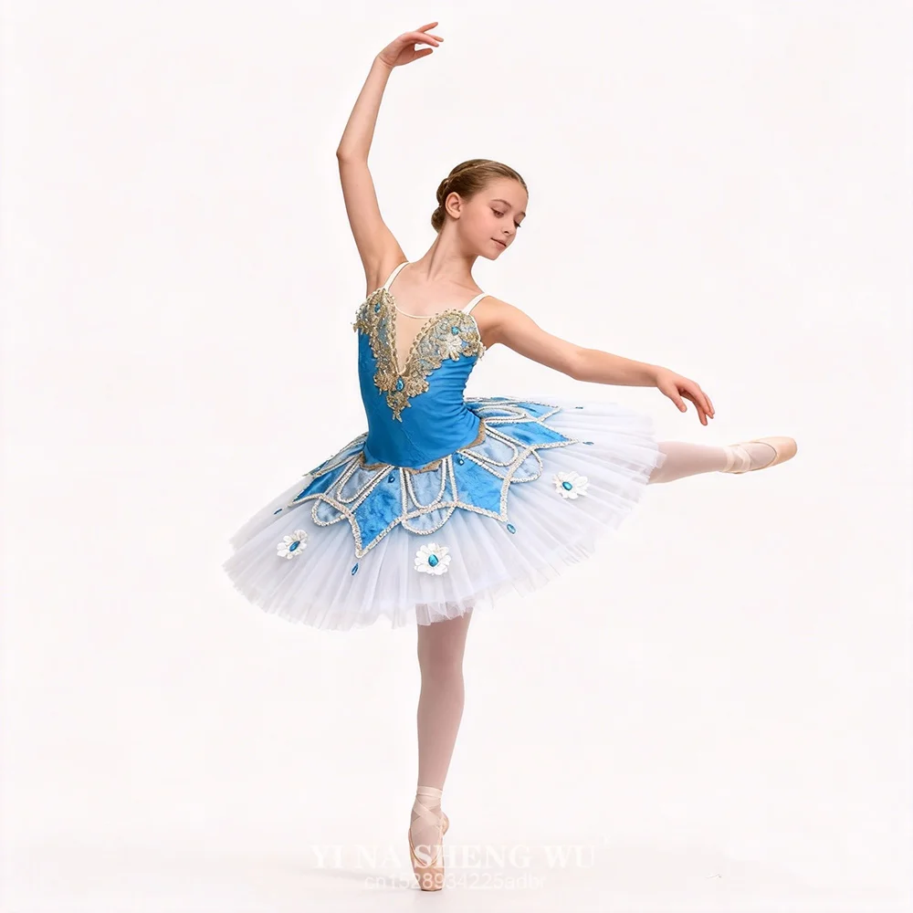 Hellblaues Ballett-Wettbewerbskostüm mit Farbverlauf, individuelles blaues Vogel-Variations-Tutu-Kleid für Damen