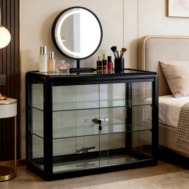 custom.Custom High-Grade Lockable/Recyclable Stainless Steel Tempered Glass LED Makeup Table Display Easy-Clean Sho
