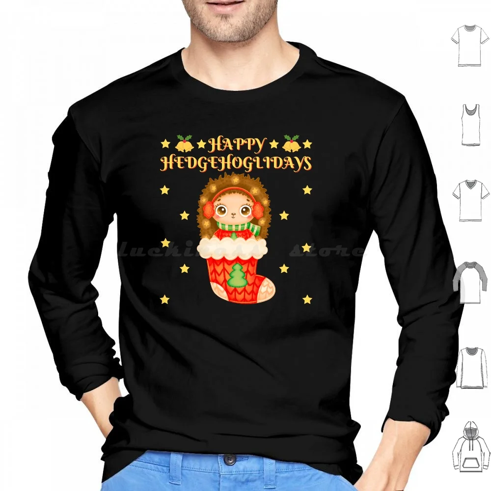 Happy Hedgehoglidays-Cute Hedgehog In A Christmas Stocking With Stars , Bells , Holly Berry , X-Mas Tree , And Cozy Earmuffs T