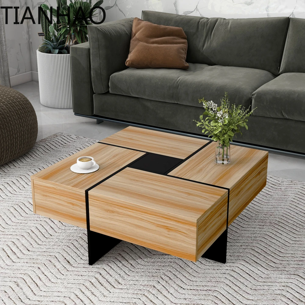 Unique Design Coffee Table with 4 Hidden Storage Compartments, Square Cocktail Table