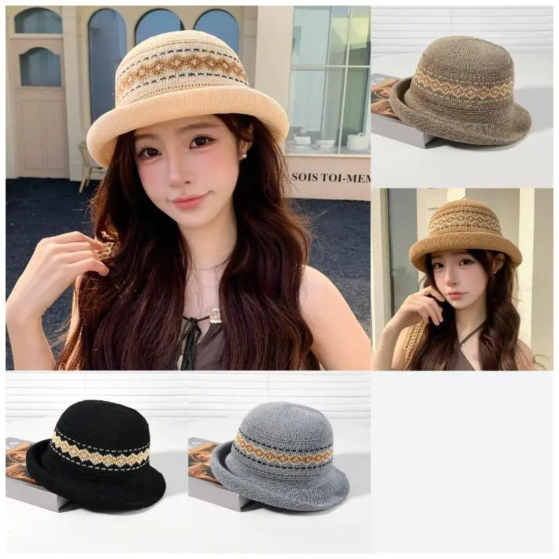 Neuer Frühlings- und Sommer-Strick-Bucket-Hat mit Rollkrempe für Damen, Outdoor-Reise-Mode im Ethno-Stil, Eleganter Hut