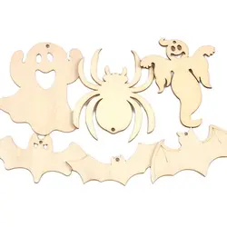 10Pcs 4.5-10cm Unfinished Halloween Decorations Bat/Spider/Ghost Wooden Crafts DIY Blank Hanging Ornaments Home Party Supplies