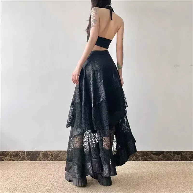 Sexy Half length Skirt Ladies Botton Summer Clothes Black Lace Splicing Irregular High Waist Slimming Gauze A-line Skirt