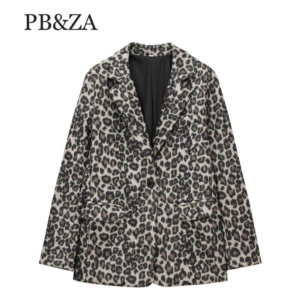 

PB&ZA women's loose fitting jacket with collar long sleeved button pocket animal print autumn and winter fashion suit jacket