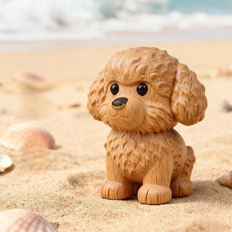 Beech Wood Carved Teddy Dog Ornament Cute Pet Creative Desk Figurine Wooden Craft Housewarming Gift Home Decor Animal Handicraft