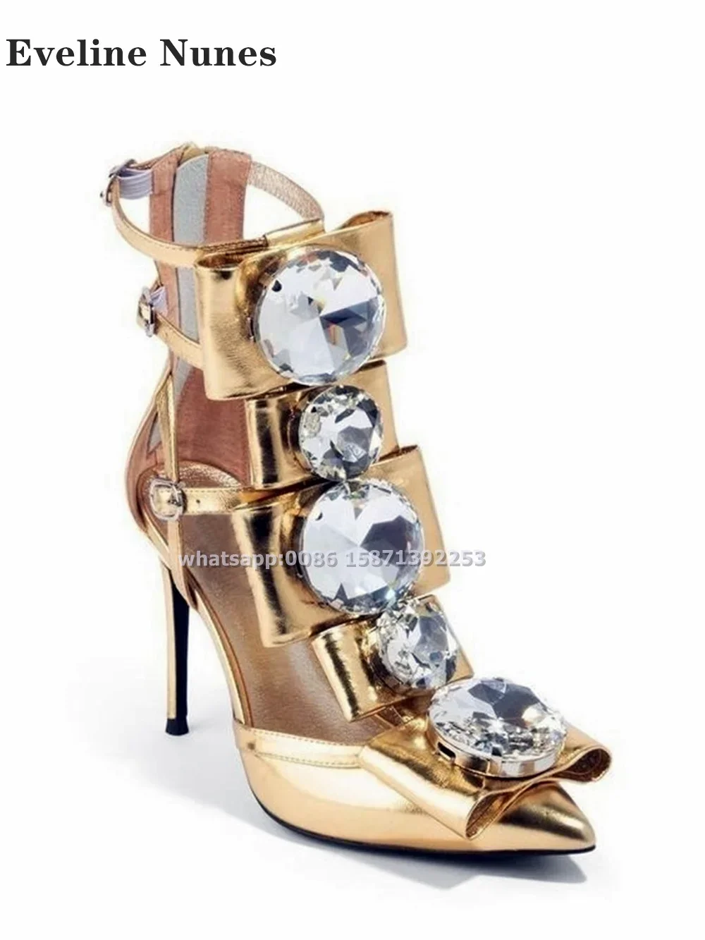 Bow Exaggerated Jewels Rome Sandals Large Size Customize Color Runway Shoes Pointed Toe Stiletto Hollow Out Zipper Women Heels