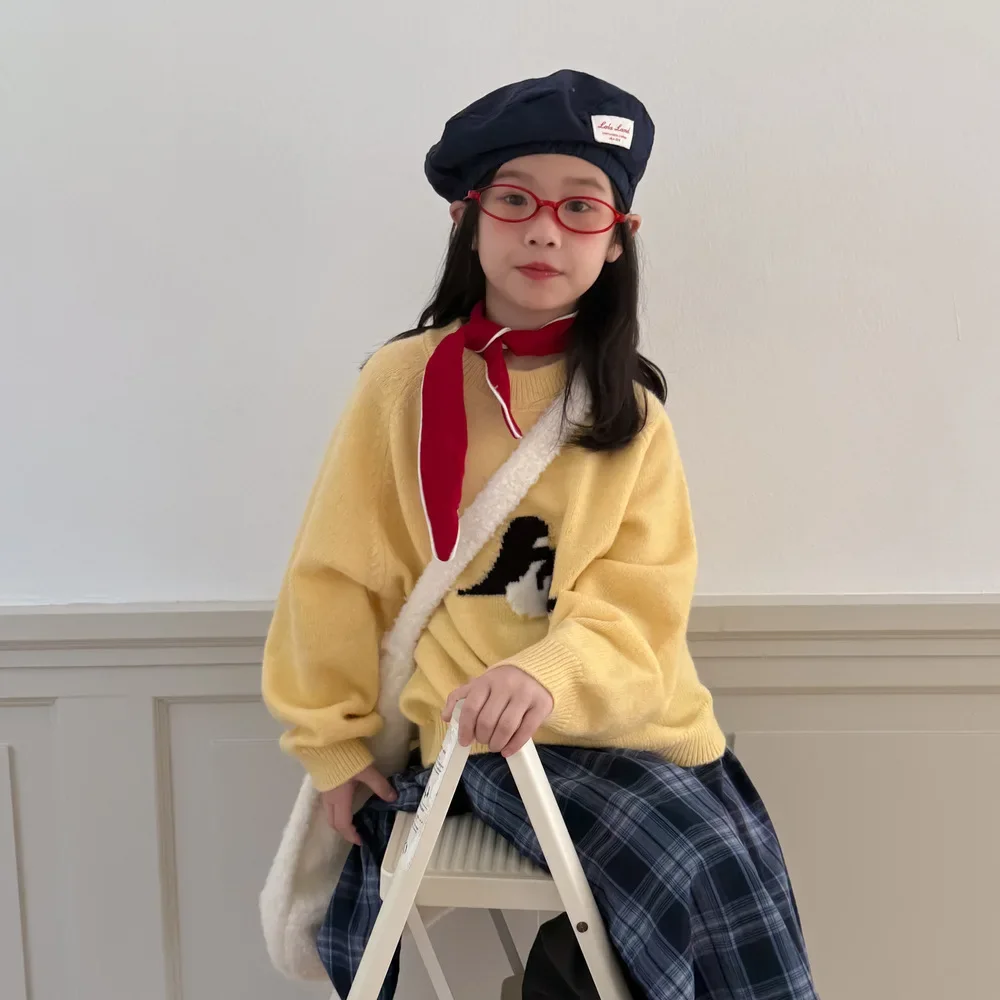 2025 Autumn Winter Baby Girl Cartoon Yellow Korean Style Soft Knit Sweater Round Neck Cute Toddler Kids Warm Casual Pullover Top