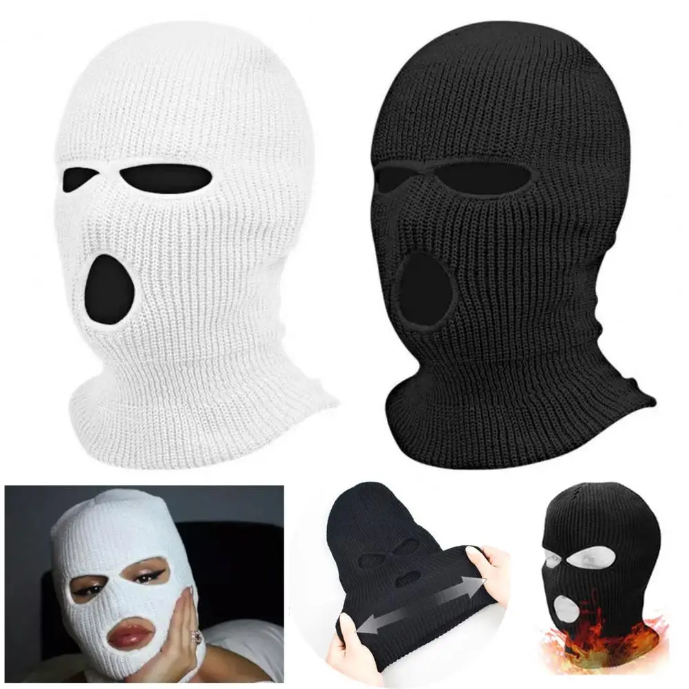 Winter Cycling Headgear Solid Color 3-Holes Knit Face Guard Cold Weather Thermal Hat Outdoor Activities Warm Knitted Hat