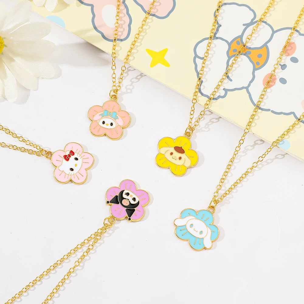 Collar con diseño de flores creativas y lindas, colgante con figuras de Hello Kitty, Kuromi, Melody y Cinnamoroll, joyería para mujeres y niñas
