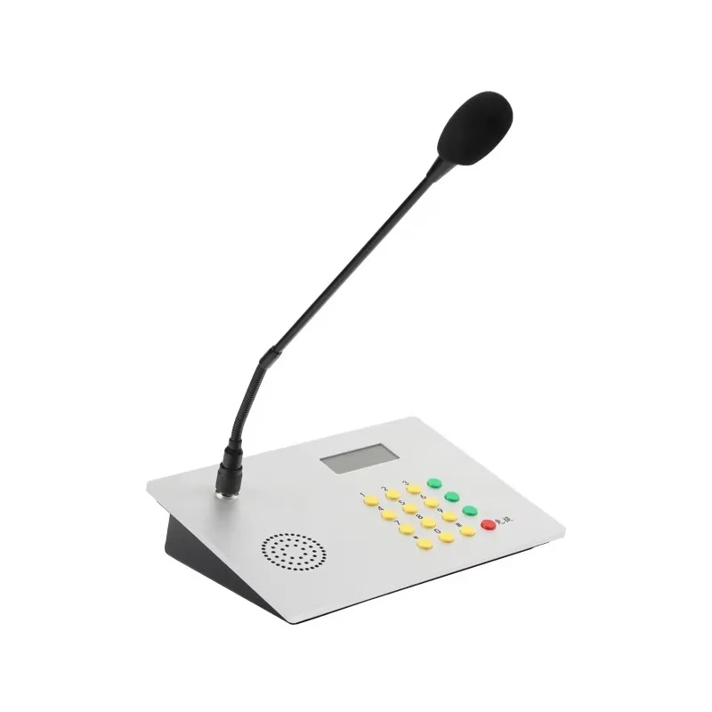Industrial desktop call console with gooseneck microphone and LCD screen for sending and broadcasting intercom system