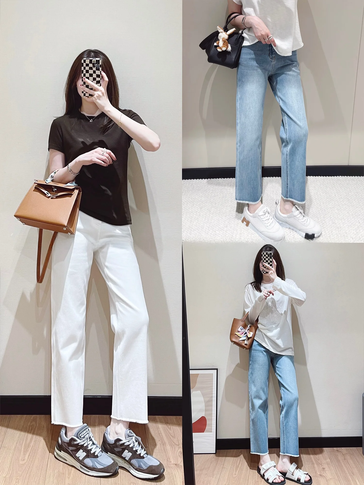 

Spring Summer Slim Fit French Bread Pants High Waist Straight Leg Jeans Cotton Stretch Fabric Nine Points Frayed Hem