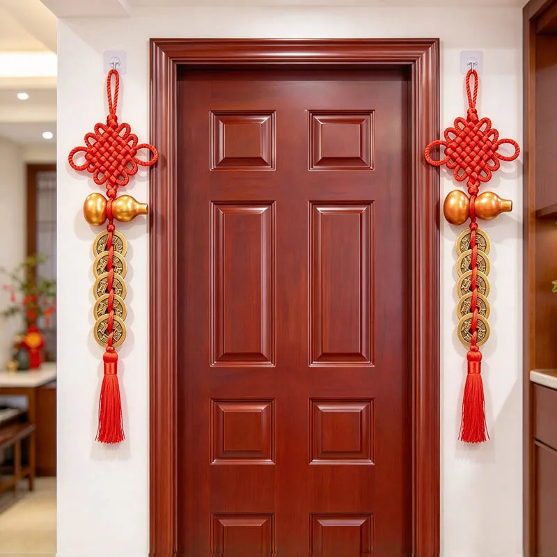 Auspicious Chinese Knot Tassel Wooden Gourd Pure Copper Five Emperor Money Pendant Home Hanging Decor Blessing Feng Shui Luck