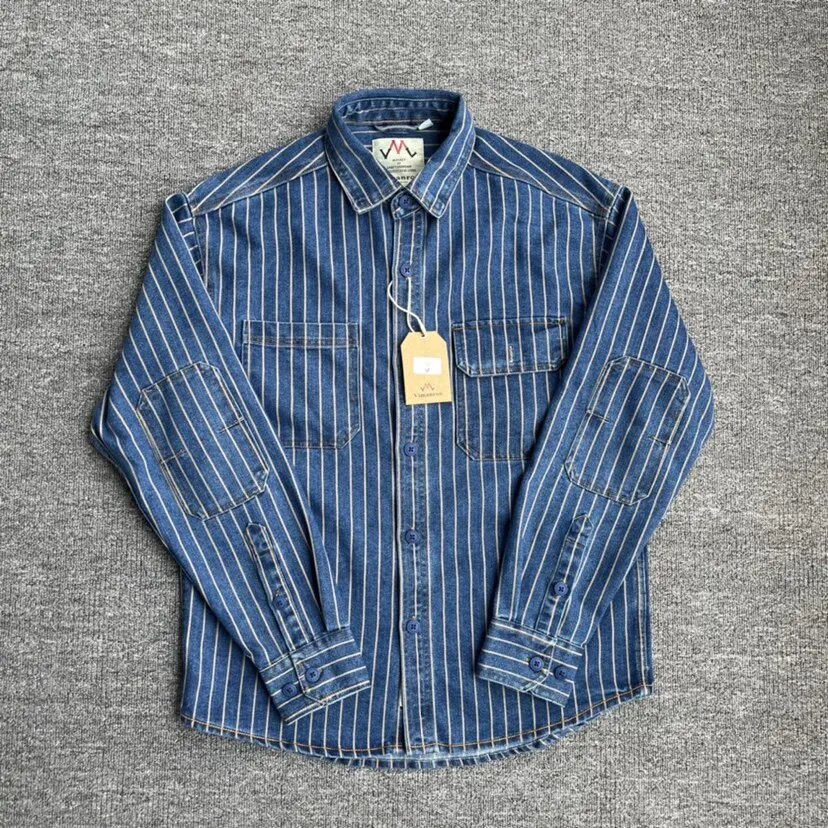 Neue Amerikanische Retro Cargo Gestreifte Hemden für Herren, Modische 100% Baumwolle Gewaschene Vintage Freizeithemden, Dünne Jacke, Schwere Lose Hemden – Detail 3