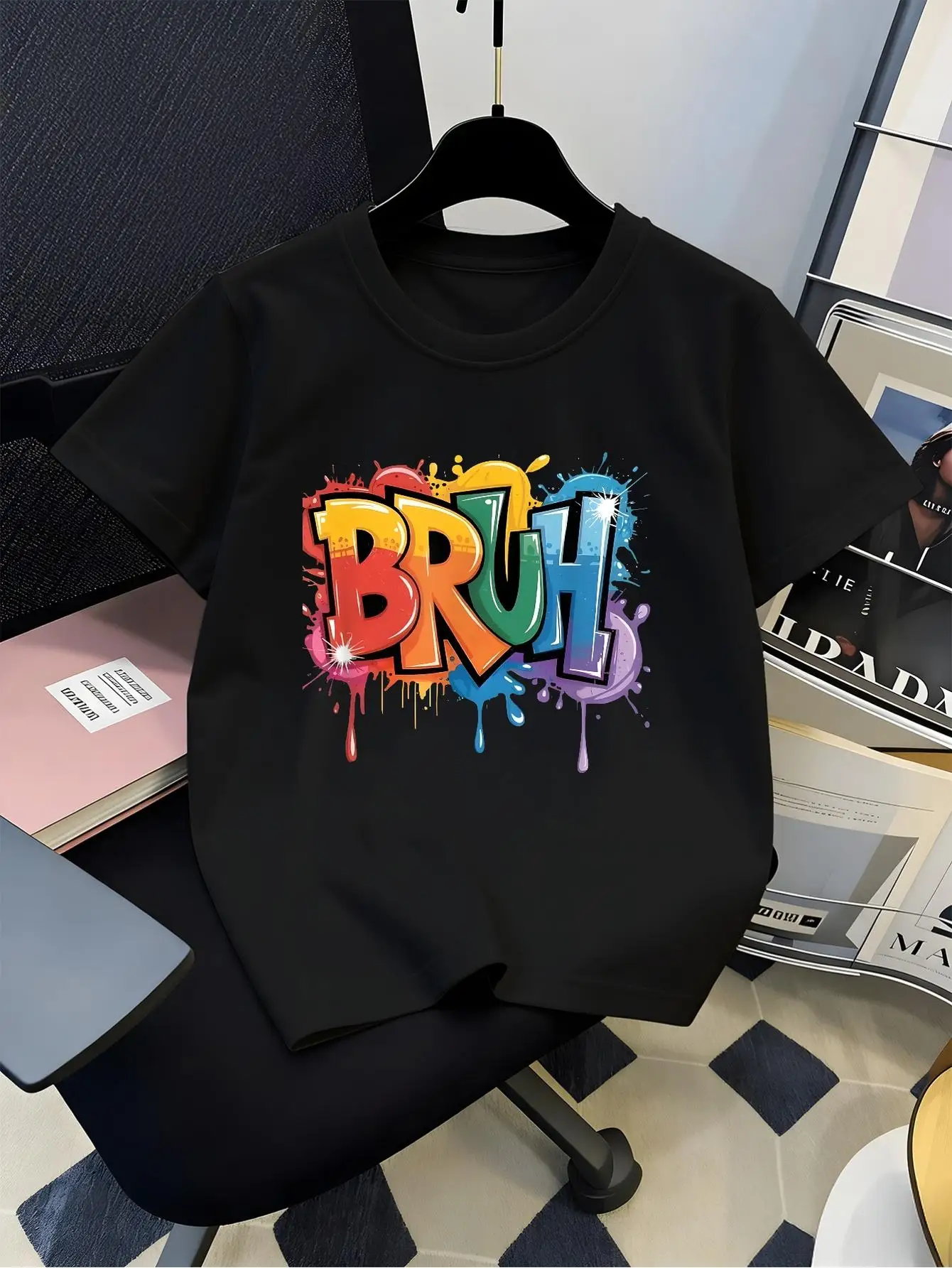 Bruh Colorful Graffiti Paint Splash Street Art Graphic Print Family Matching Short Sleeve Tee Boys Girls Kids Summer Casual Tops