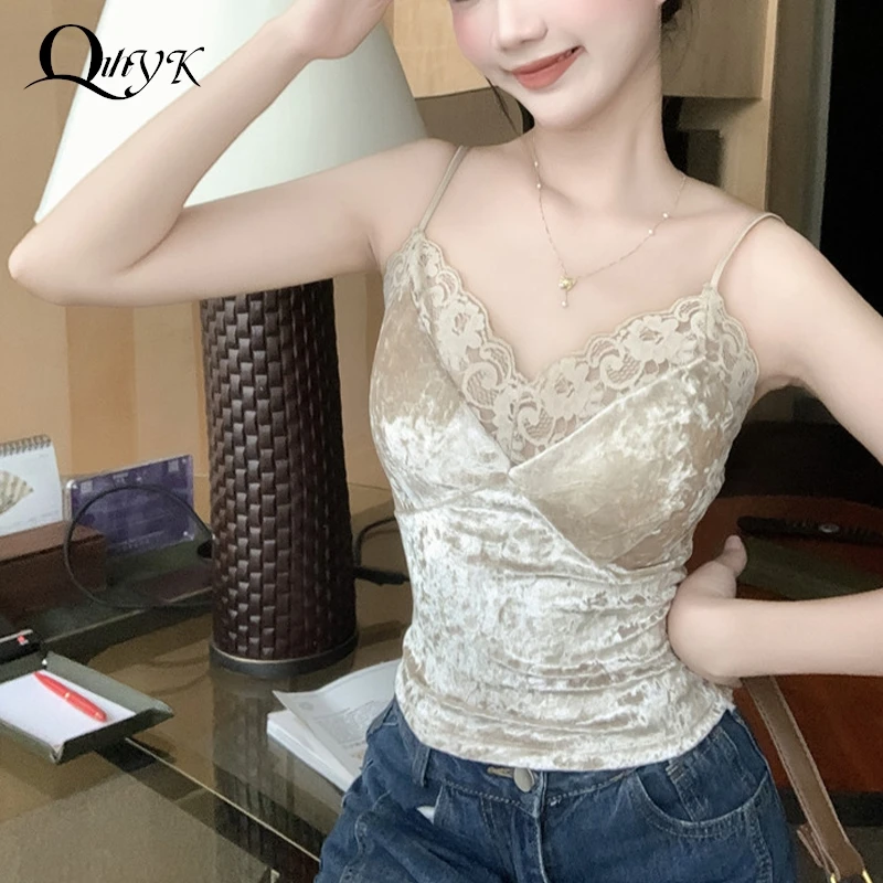 Retro Velvet Camis Elegant Y2k Sleeveless Lace Patchwork Strap Crop Top Women Basic Casual Tees 90s Vintage Outfits Sweet