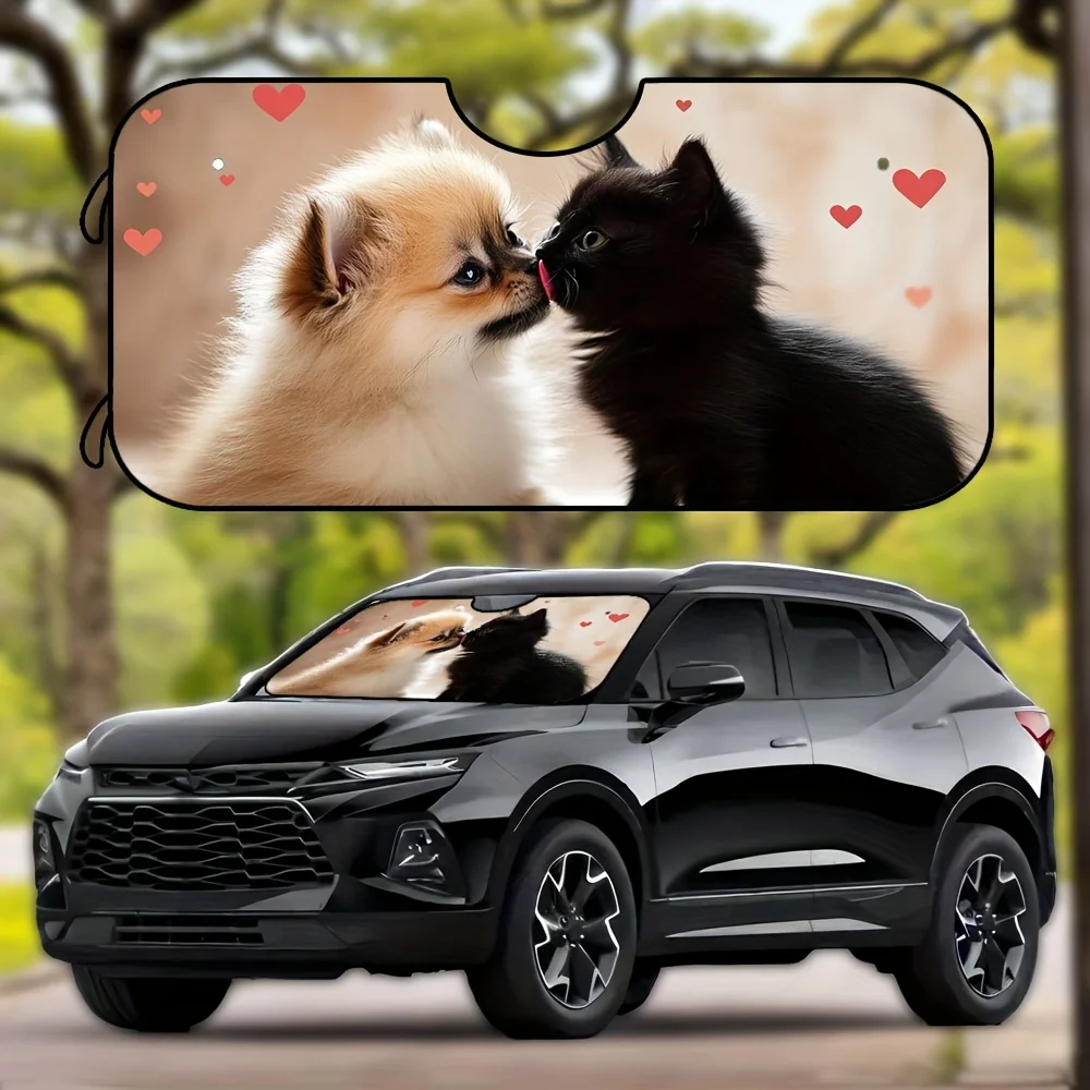 

1pc Sweet Pomeranian & Black Kitten Cartoon Car Windshield Sunshade - Foldable, Polyester, Perfect For Cross Country Adventures,
