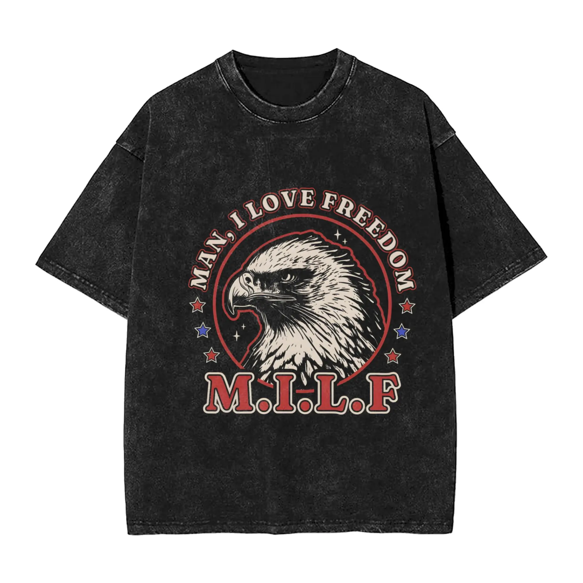 MILF 4th of July Bald Eagle T Shirt Hip Hop Washed 100% Cotton High Street T-Shirts Men Women Tops Streetwear Summer Tops Tees