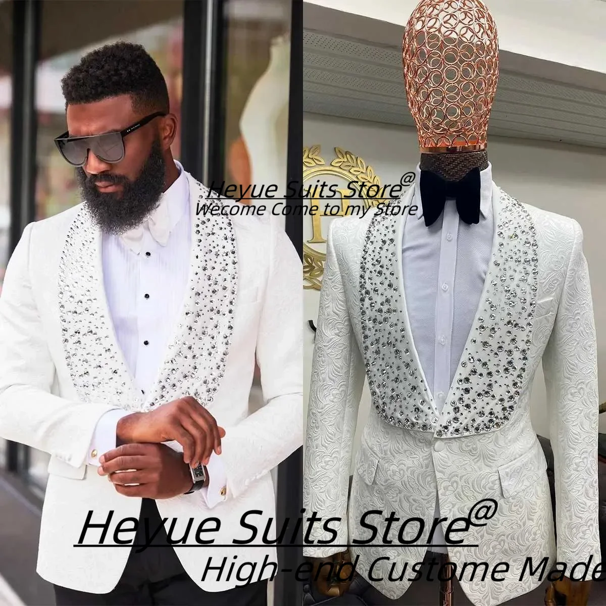 

Роскошные белые жаккардовые свадебные смокинги для жениха, приталенные мужские костюмы с шалью и лацканами и бриллиантами, комплекты из 2 предметов, мужские пиджаки для выпускного вечера, Ropa Hombre