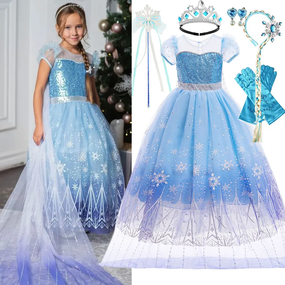 Little Girl Frozen Anime Costume Snow Queen Carnival Elsa Princess Dress 2024 Halloween Frozen Disguise Kid Christmas Party Gown