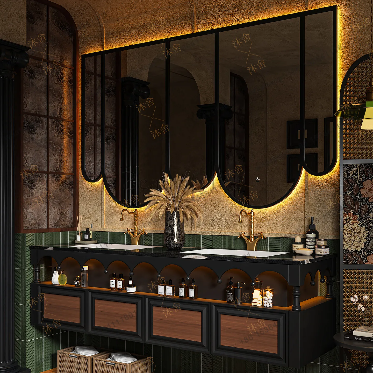 French vintage oak floor-standing bathroom cabinet combination washbasin smart mirror cabinet combination