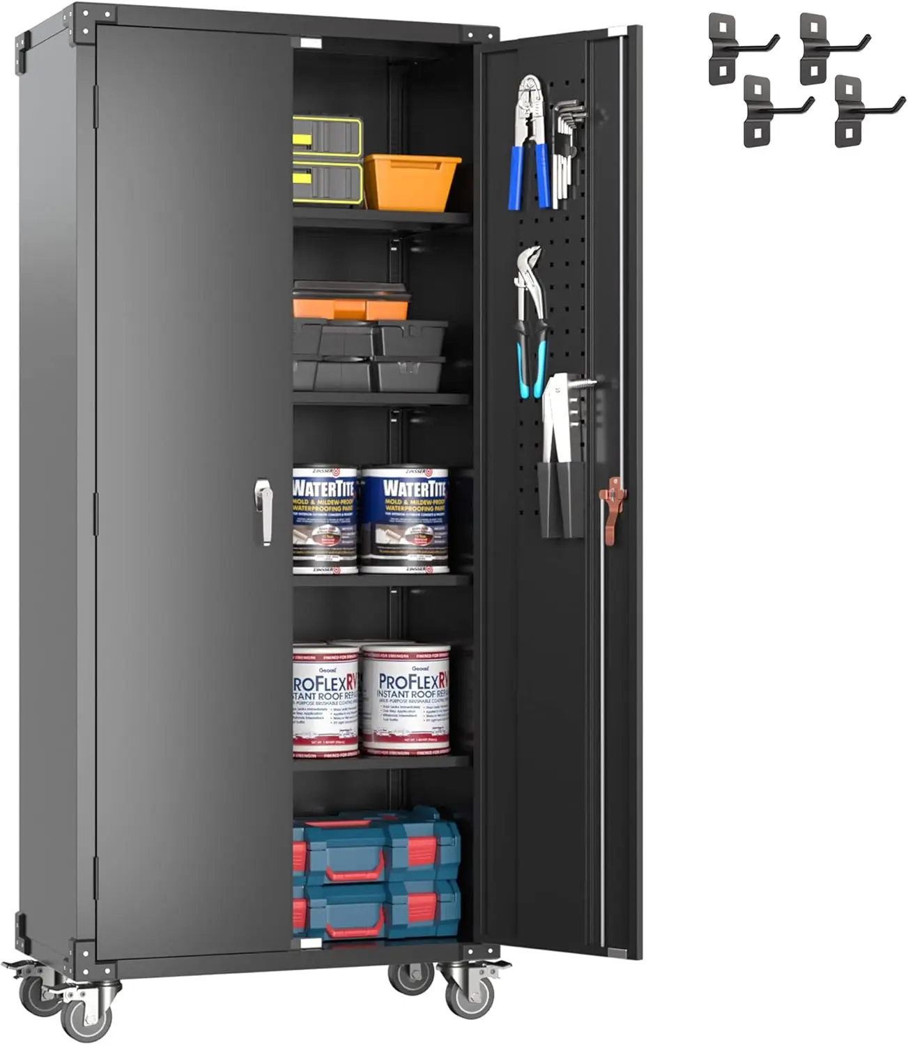 Cabinet with Wheels and Pegboard, Lockable Rolling Steel Storage Cabinet with 4 Adjustable Shelves and Door fo