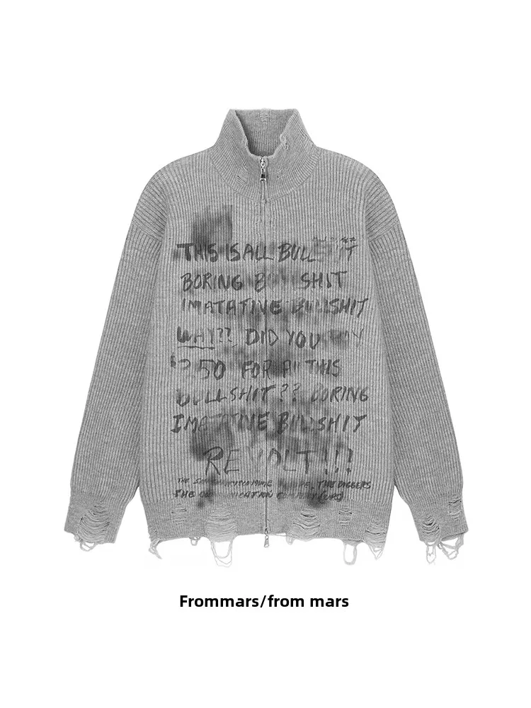 

Свитер с принтом в американском стиле, с воротником-стойкой и вырезами, универсальный повседневный трикотаж для пар, осенне-зимняя мода