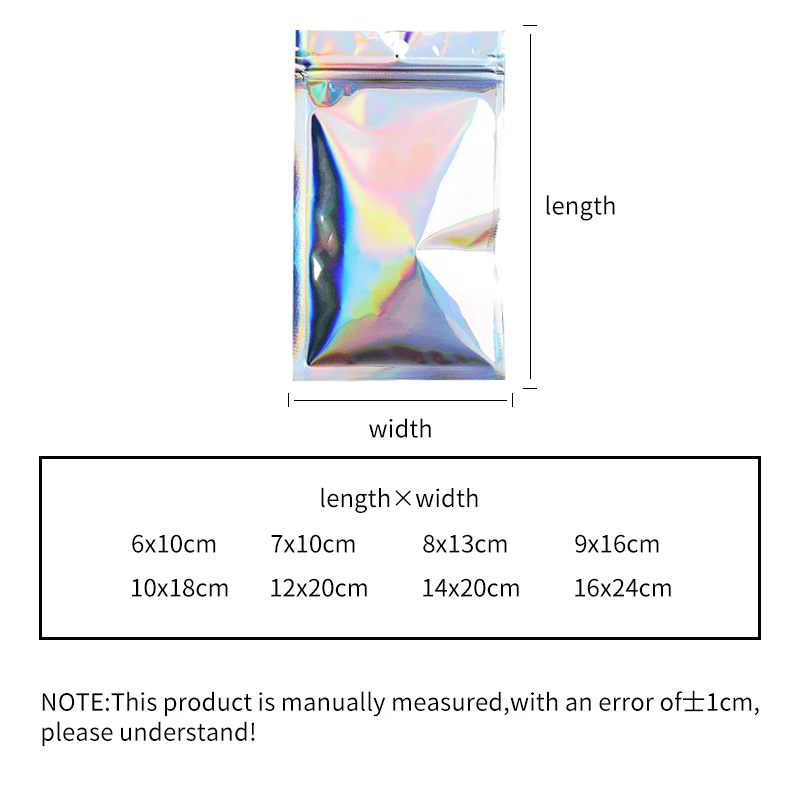 20pcs 8 Sizes Laser packaging bag Flat Bath Salt Cosmetic Bag One Side Clear Holographic Mini Aluminum Foil Zip Lock Bags Thick