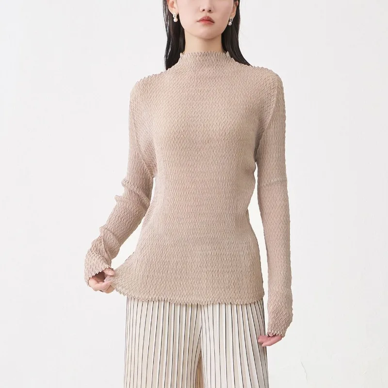 Miyake Pleated Half-High Collar Slim Fit T-Shirt for Women Long Sleeve High-End Feel Versatile Pleated Top Women's Base Shirt