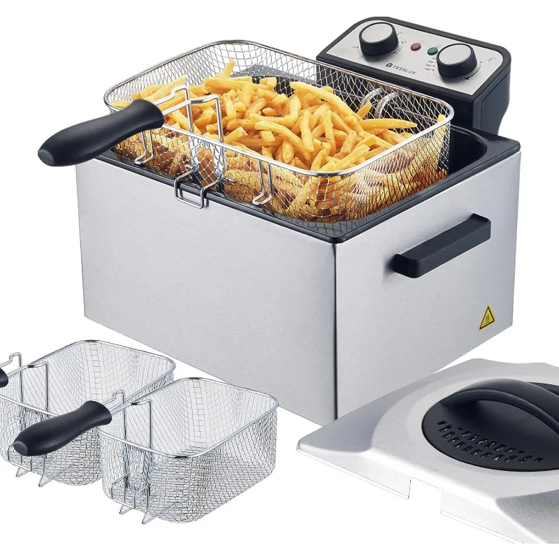 

Electric Deep Fryer with Basket for Home Use, Lid with Viewing Window and Odorless Filter, Adjustable Temperature, 5.3 Quart, St