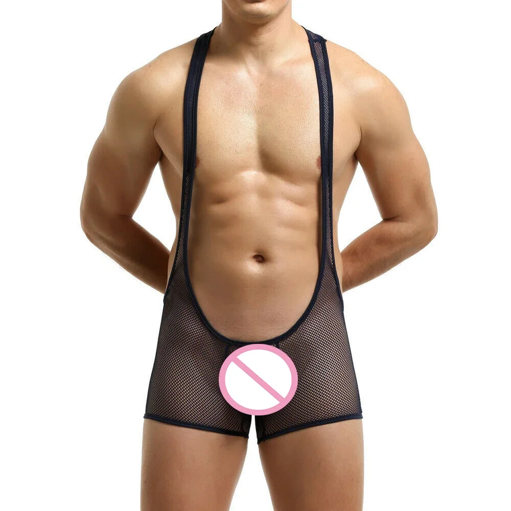 Sexy Mens Mesh See Through Bodysuit Gay Jockstrap Leotard One-Piece Lingerie Jumpsuit Male Pajamas Sheer Underwear Man Sleepwear