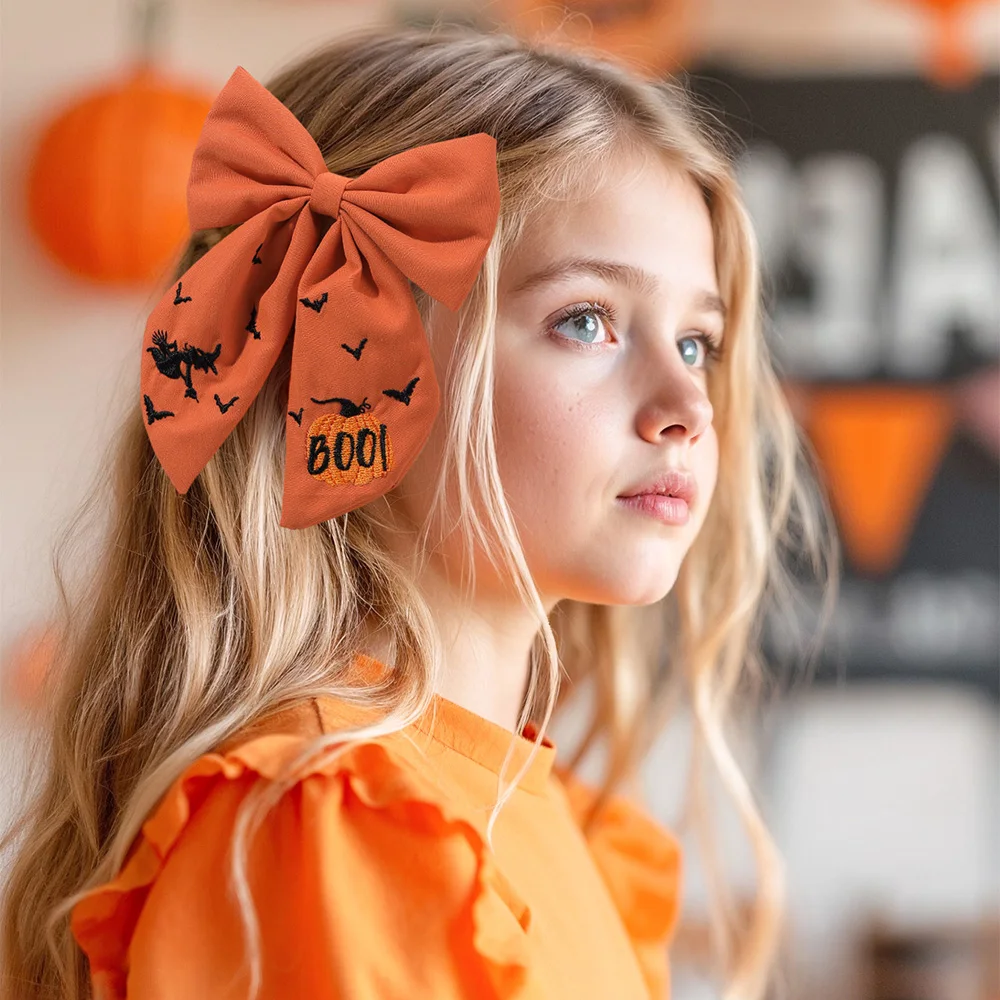 Halloween Bow Hair Clips Ghost Bat Pumpkin Handmade Embroidery Bownot Hairpins For Girls Children Gothic Headwear Accessories