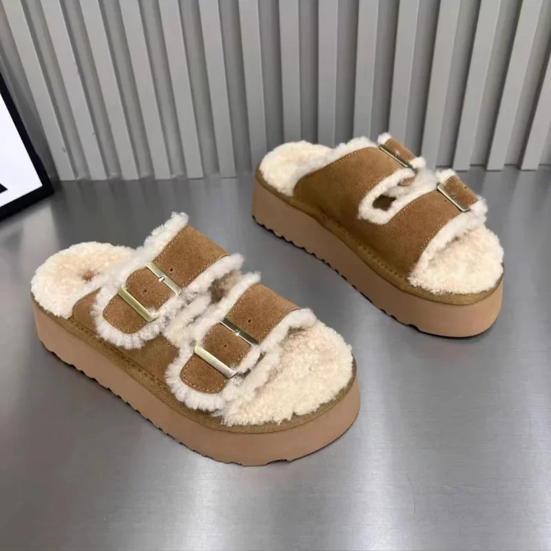 High Appearance Level Thick Bottom Open Toe Needle Buckle Plush Warm Fashion All Comfortable Non-slip Wear Furry Lady Slippers