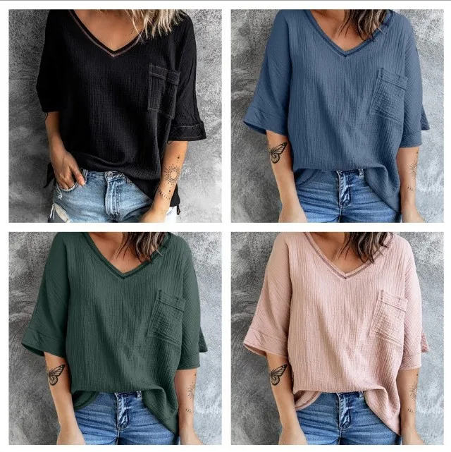 

Spring And Summer New Shirt Fashion V-neck Pocket Split Middle Sleeve Top Women