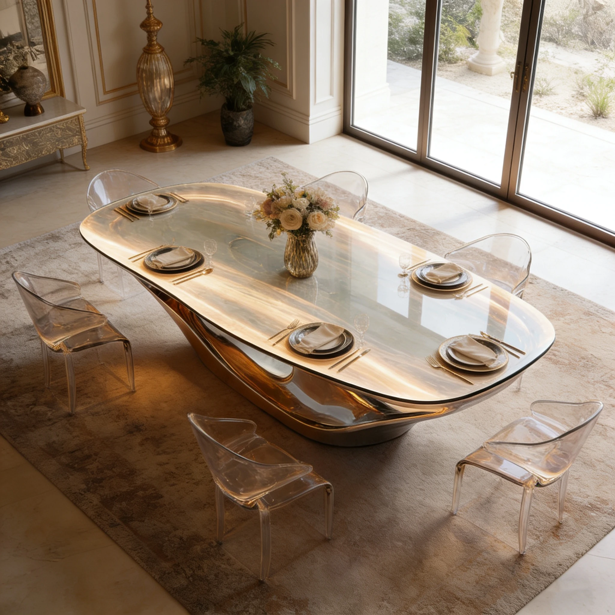 S*-Luxury Gilded Fiberglass Home Dining Table Artistic Irregular Wood-Like Tabletop Villa Hotel