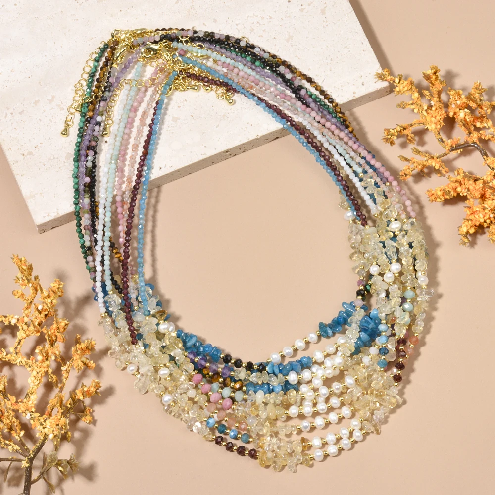 Wholesale Bohemian Style Mixed Natural Stone Tourmaline Amethyst Beads Citrine Chips and Freshwater Pearls Necklace for Women