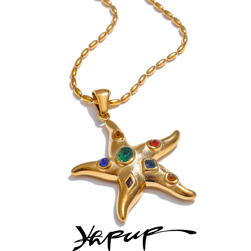 Yhpup Fashion Colorful Starfish Golden Pendant Necklace Stain Less Metal Stainless Steel 2024 Summer Beach Charm Jewelry Gift