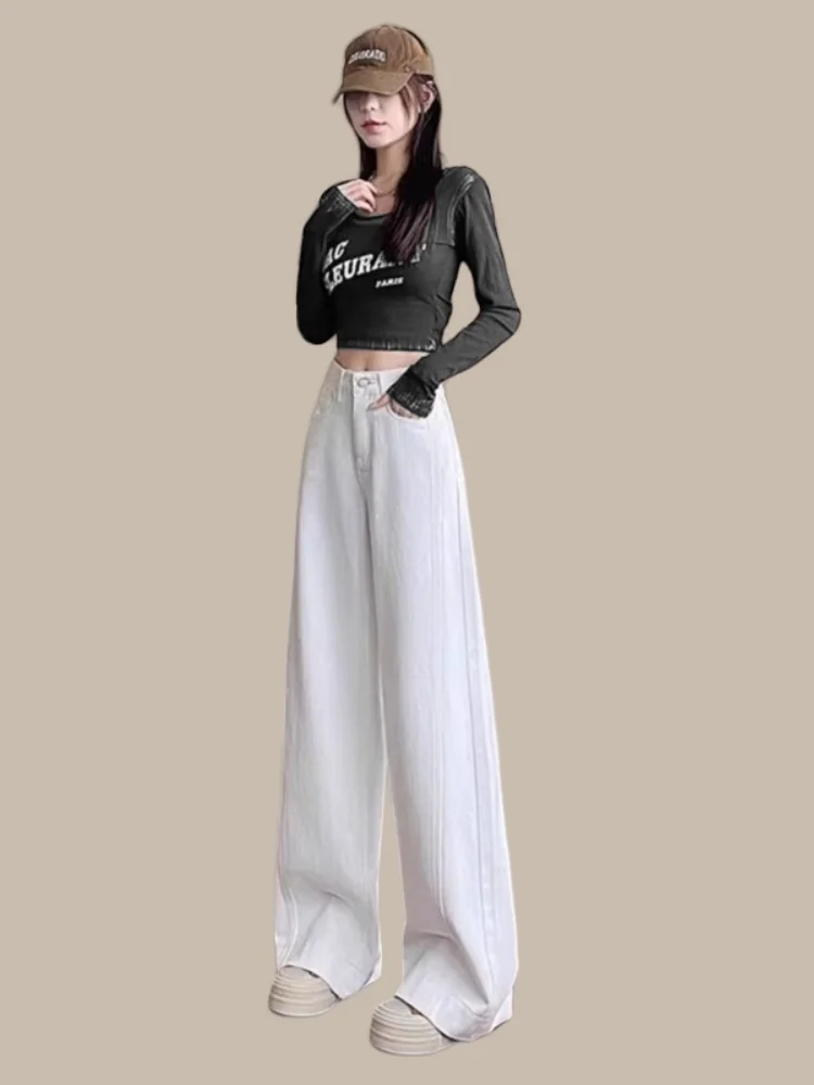 Damskie jeansy z wysokim stanem i szerokimi nogawkami, na wiosnę i jesień, zakrywające biodra, długie do podłogi, o prostym kroju, codzienne, wodoodporne.