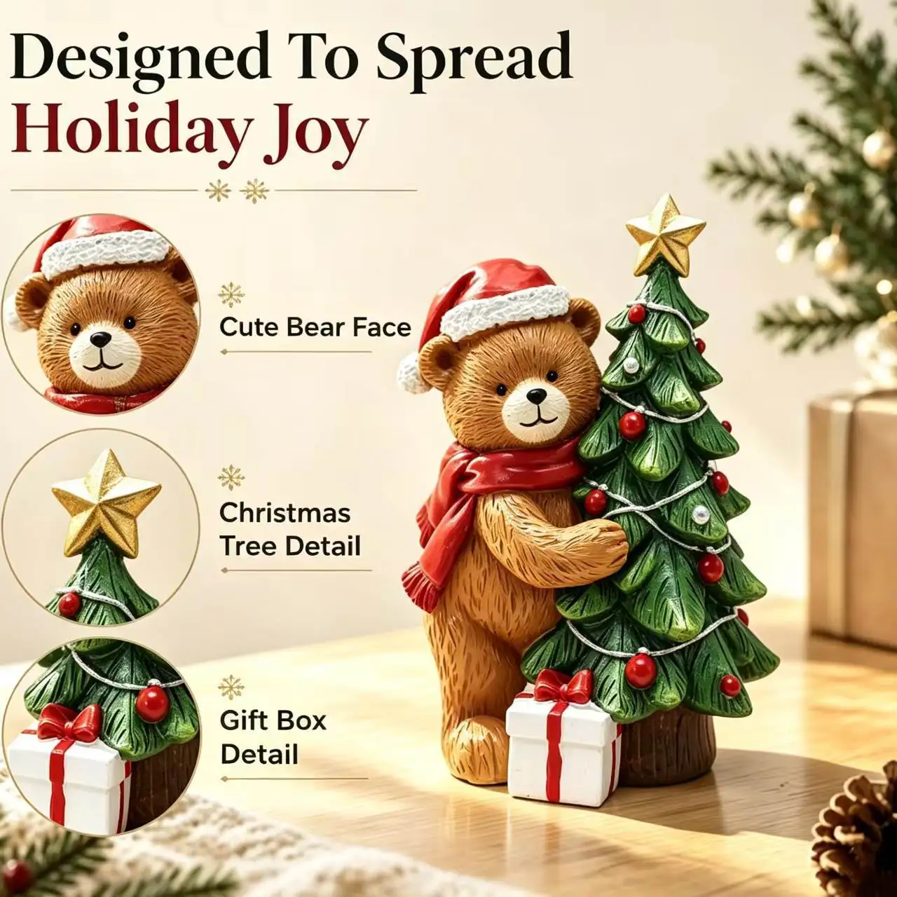 Christmas Bear Hugging Christmas Tree Resin Crafts Ornament Cute Holiday Desktop Decoration Christmas Gift