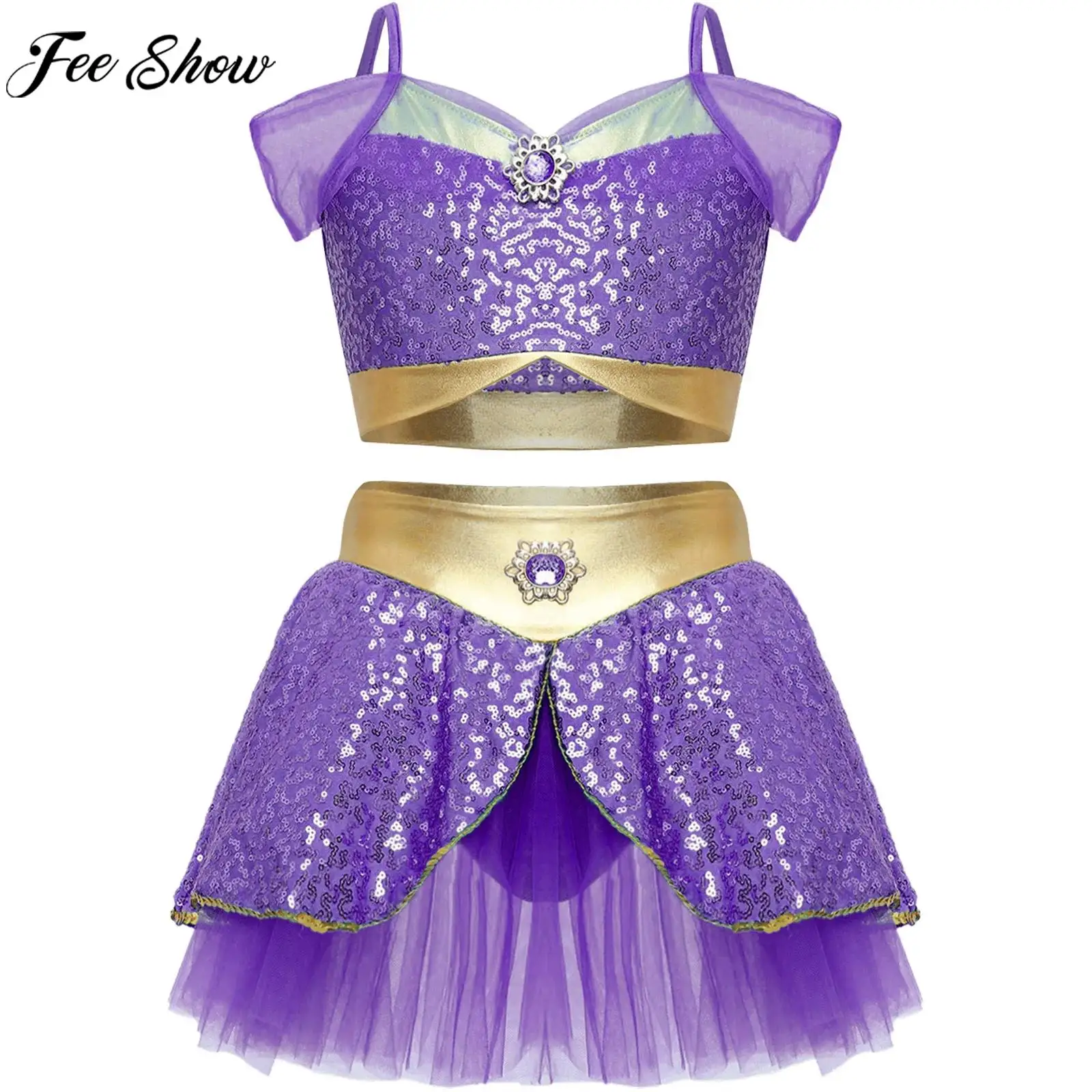 Girls Halloween Arabian Princess Cosplay Costume Shiny Sequin Gem Crop Top with Culottes Dance Outfit for Carnival Theme Party