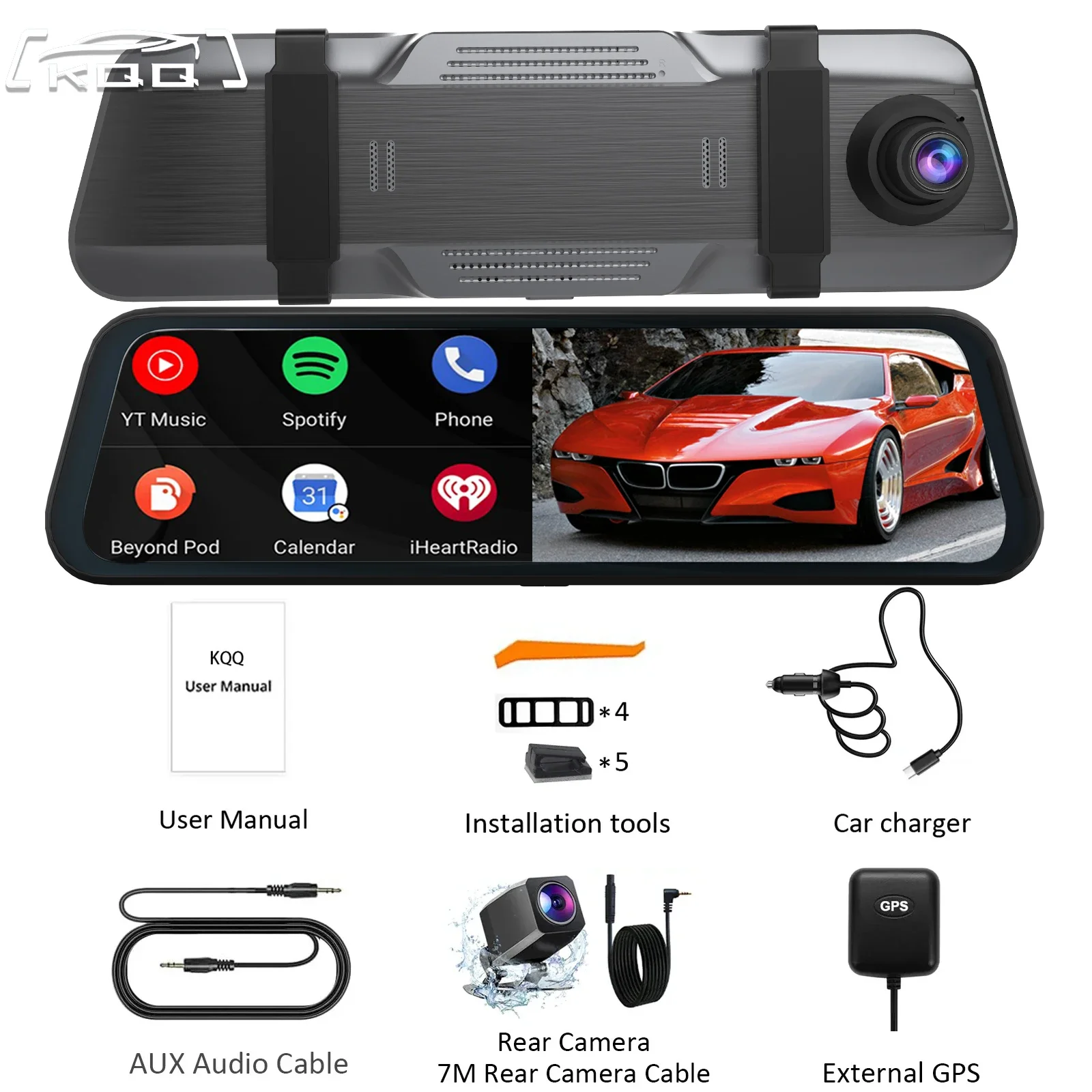 

KQQ 10" 4K Mirror Dash Cam with WiFi Video Loop Recording Bluetooth GPS Navigation Voice Control Wireless Carplay Android Auto