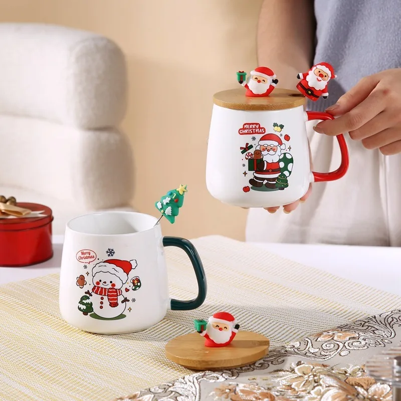 Cute Xmas Santa Reindeer Ceramic Mug with Lid Spoon Holiday Gift