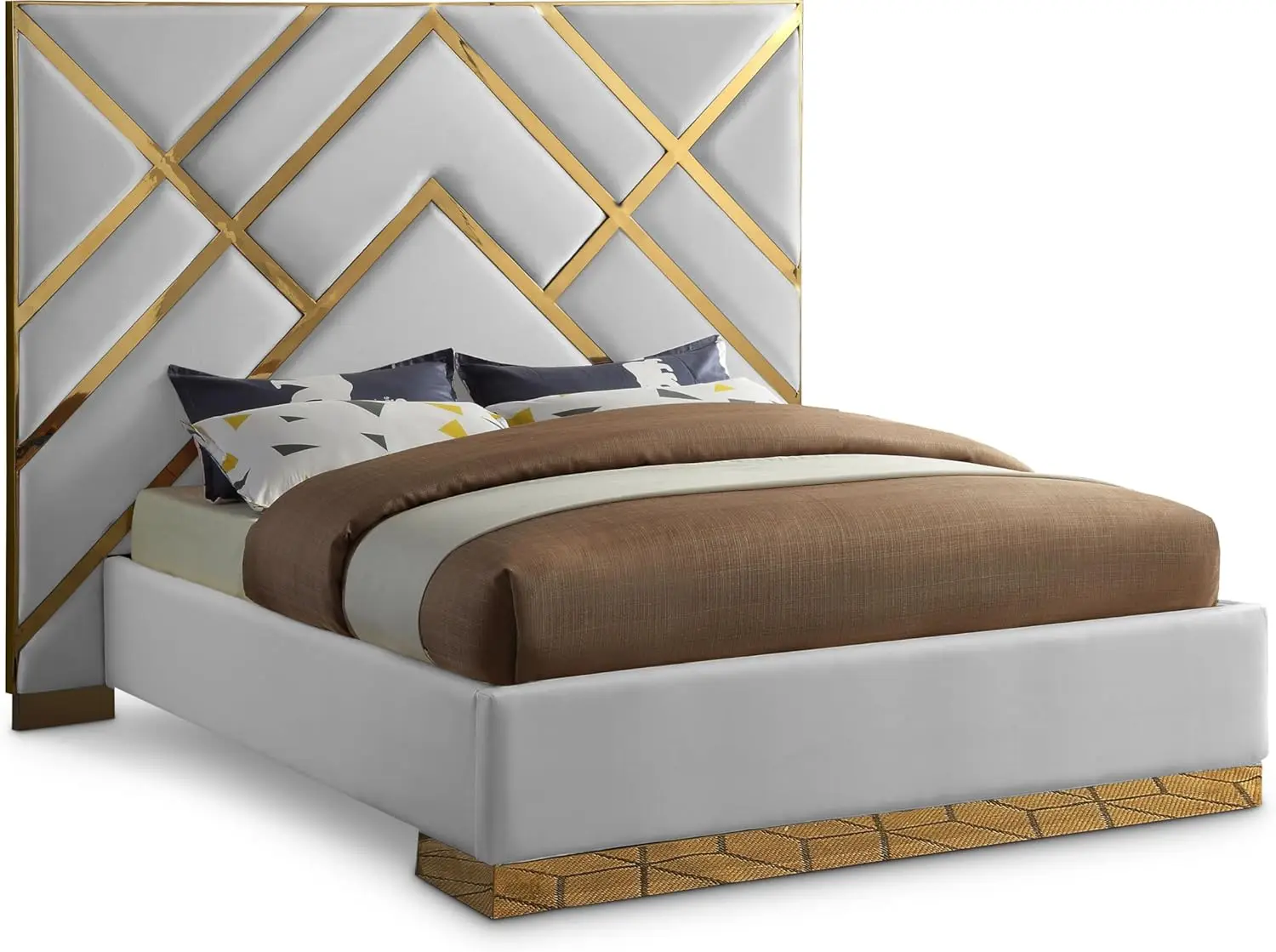 Meridian Furniture Vectorwhite-Q Vector Collection Modern | Contemporary Vegan Leather Upholstered Bed, Custom Gold Metal Base