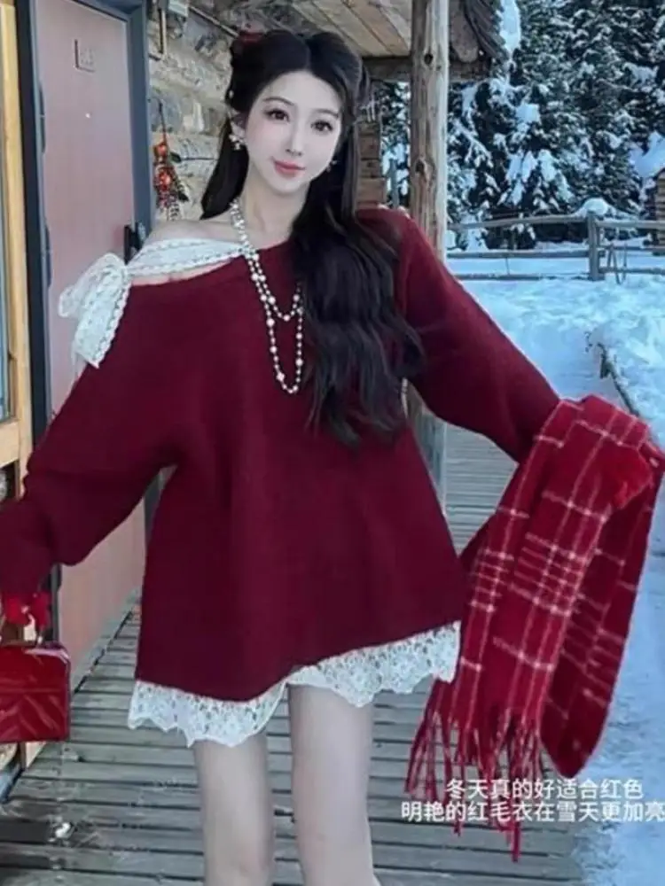 

Autumn Winter Blue Patchwork Lace Bow Bandage Knitted Pullover Sweater French Women's Sweet Red Long Sleeved Tops Streetwear new