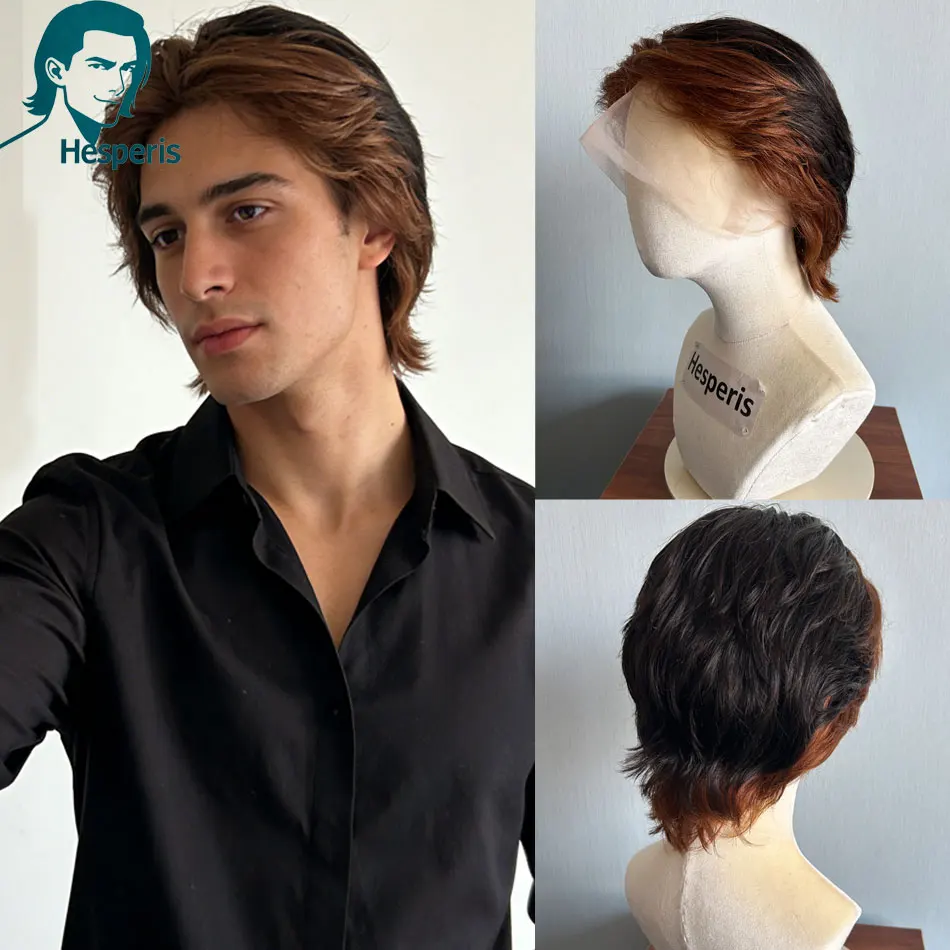

Hesperis Pre-Styled Male Ombre Brown Wig Full Lace Brown Remy Human Hair Short Cut Wig for Men Hair Replacement System