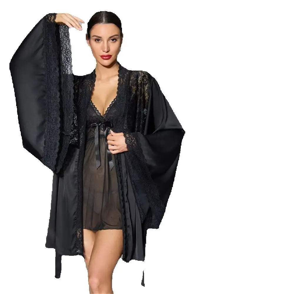 Sexy Twinset Robe Set Female Kimono Bathrobe Gown Patchwork Lace Sleepwear Nightgown Loose Home Dress Lounge Wear
